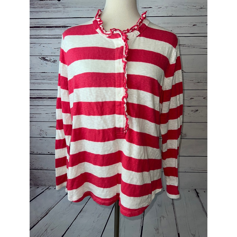 Crown & Ivy Top Large Shirt Striped Ruffle Henley Long Sleeve Womens Blouse